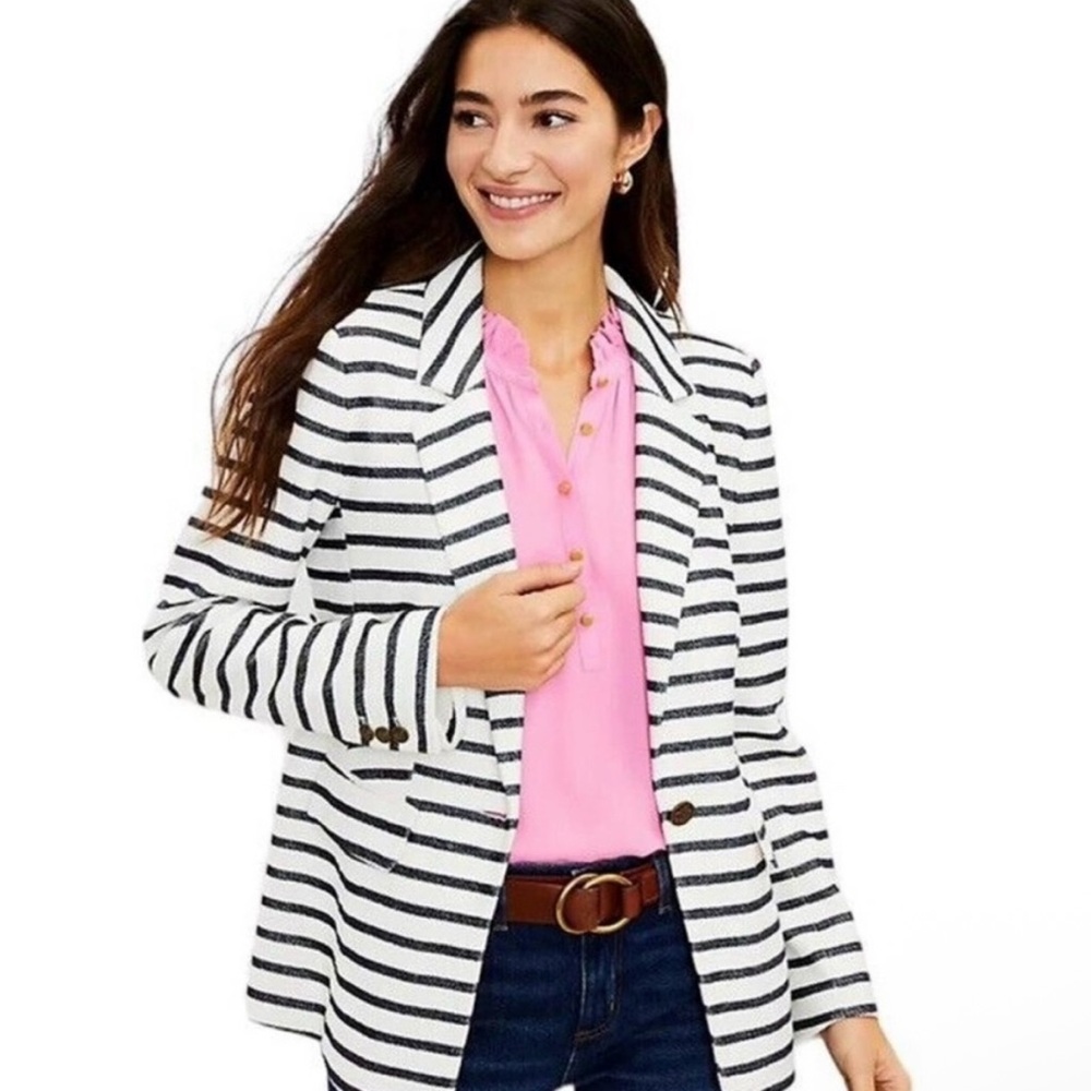 Loft modern blazer jacket size 14 white navy stripes Preloved